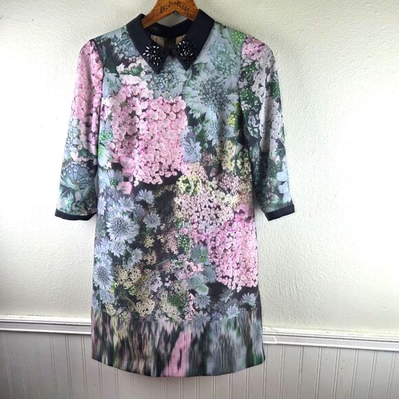 Women's Ted Baker Jacen Floral Print Dress with Beaded Collar Size 3/Medium - Picture 4 of 11